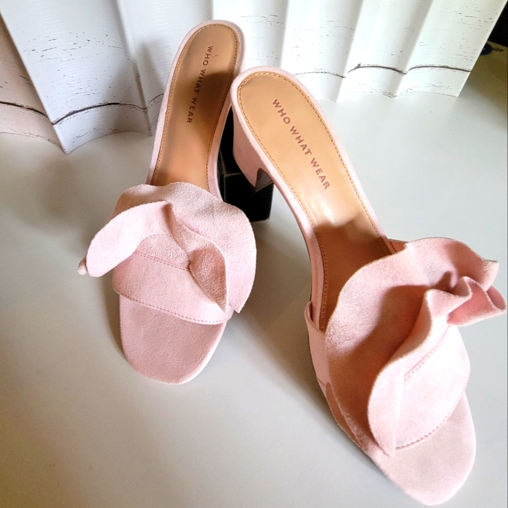 Who What Wear, Zadie Ruffled Mule Heels Sandals in Light Pink Vegan Size… - Picture 2 of 7